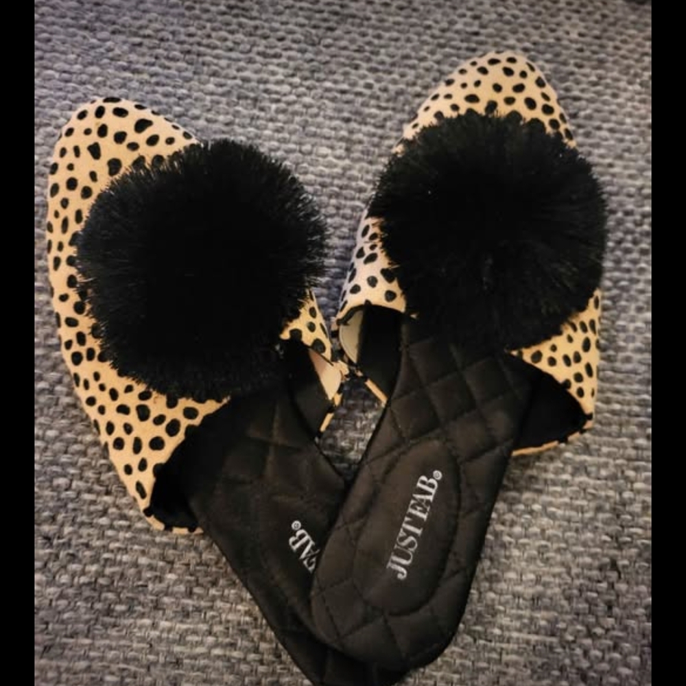 JustFab Leopard-Print Slide Mules with Black Pom Accents